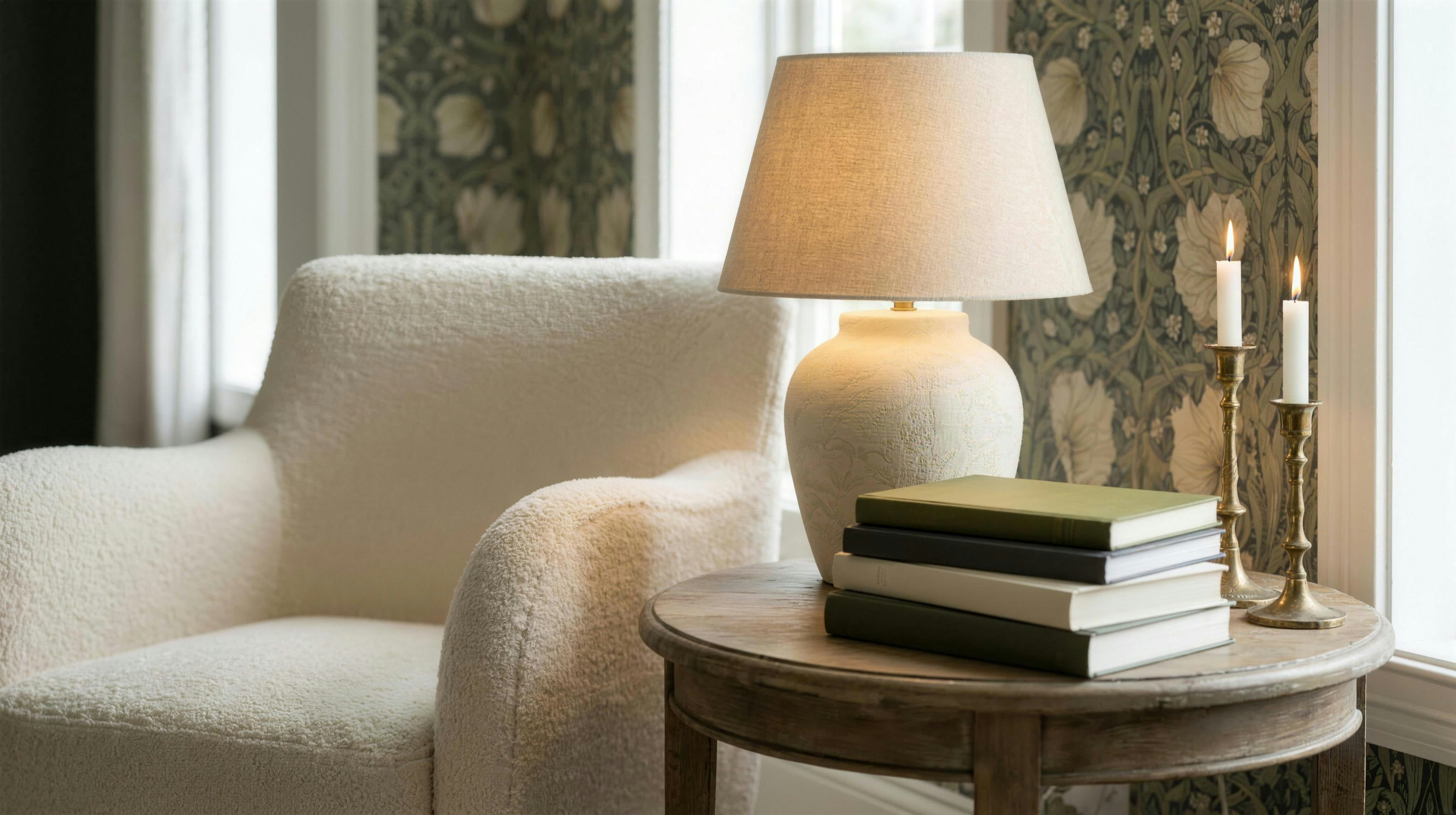 Concept visualization: reading corner with ceramic lamp, wood side table and floral wallpaper