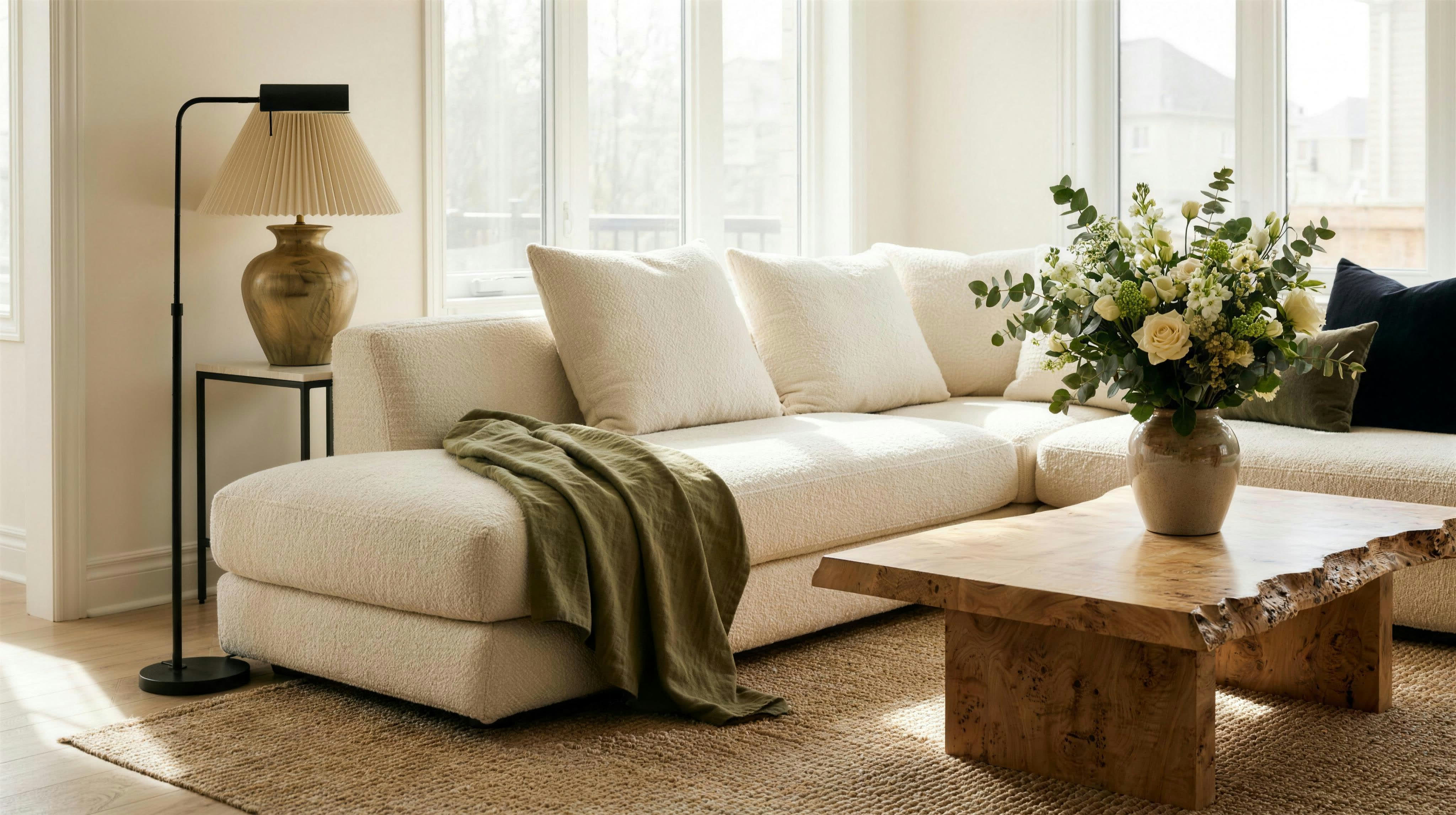 Concept visualization: layered neutral living room with boucle sectional and burl coffee table